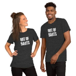 Out Of Darts Logo T-Shirt (Adult Sizes) 6 Out Of Darts Logo T-Shirt (Adult Sizes) -Out Of Darts OutofDarts whitelogo Printful Tshirt 2020 mockup Front Couples Dark Grey Heather